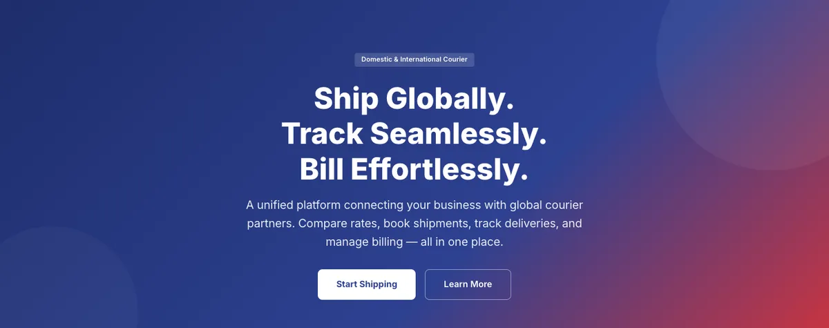The courier platform’s public home page: ship globally, track seamlessly, bill effortlessly
