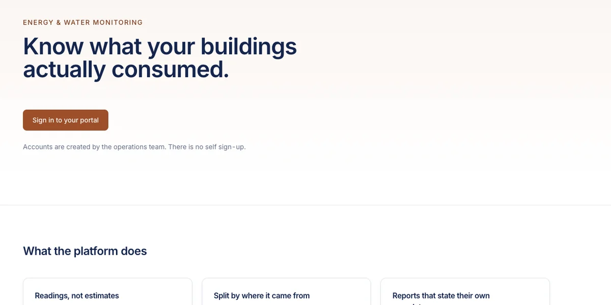 The monitoring platform’s public home page: know what your buildings actually consumed