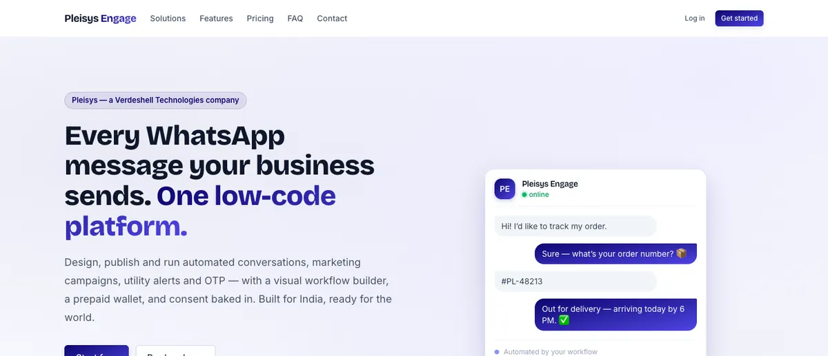 Pleisys Engage home page: every WhatsApp message your business sends, one low-code platform