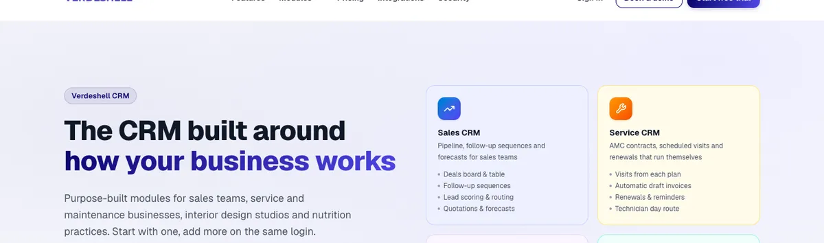 Verdeshell CRM home page: the CRM built around how your business works