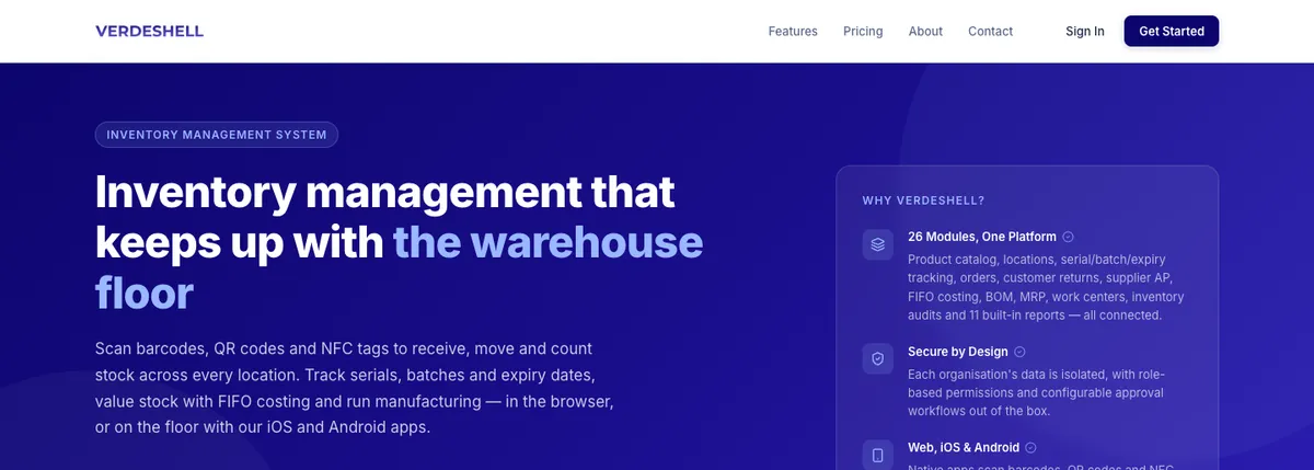 Verdeshell Inventory home page: inventory management that keeps up with the warehouse floor